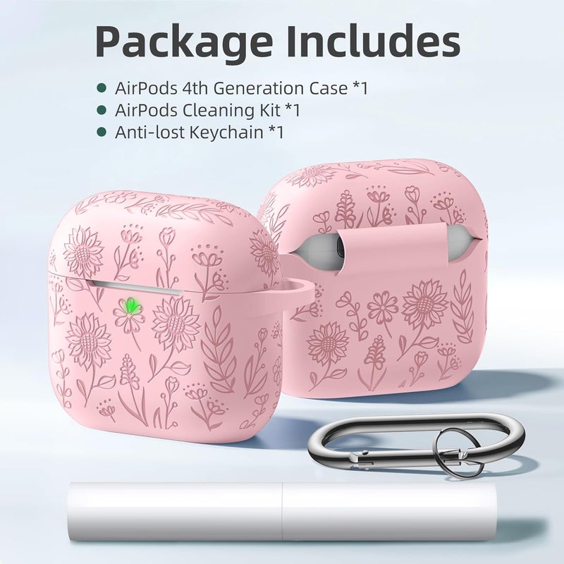 DAQIN for Airpods 4 Case, Cute Flower Engraved Silicone Protective Cover with Cleaner Kit & Keychain Compatible with Apple Airpods 4 Case 2024 for Women, Lightpink - Image 3